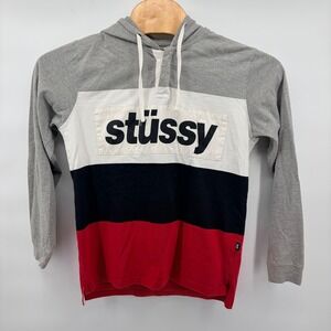Stussy‎ Mens Hooded Rugby Shirt Colorblock Long Sleeve Logo Gray Red Medium